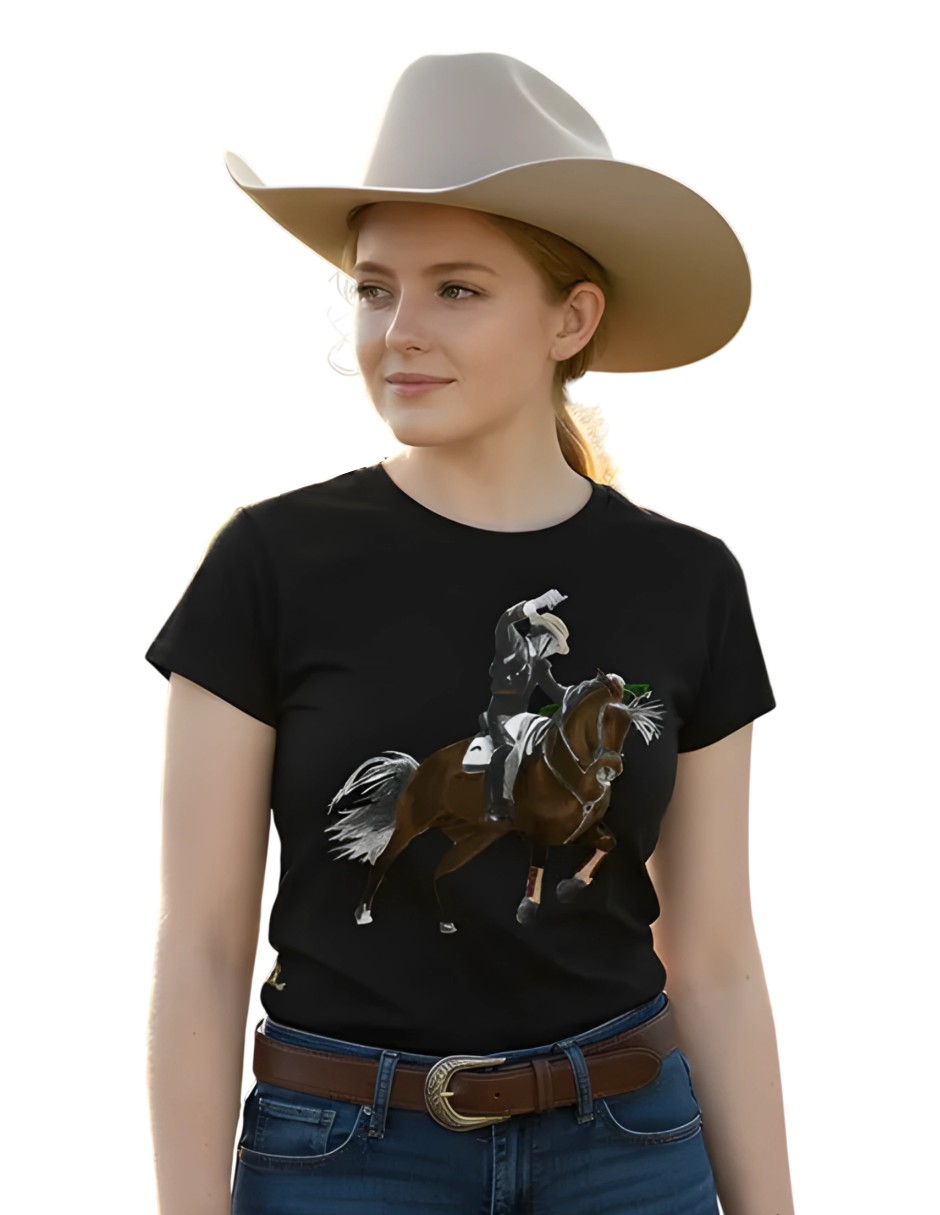 Playera manga corta caballo rejoneador cuello redondo para mujer Playera manga corta caballo rejoneador cuello redondo para mujer