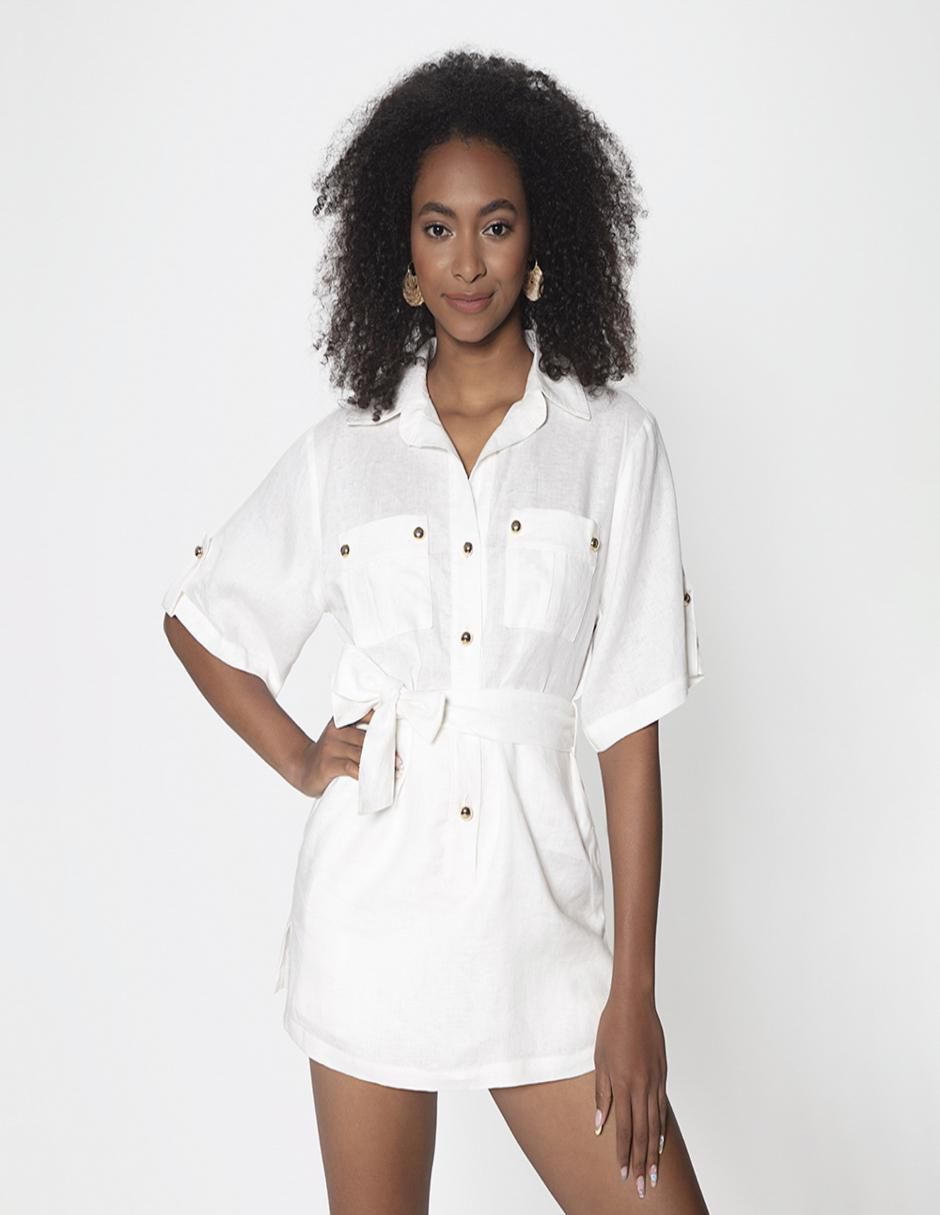 Sobrecamisa de lino manga corta para mujer