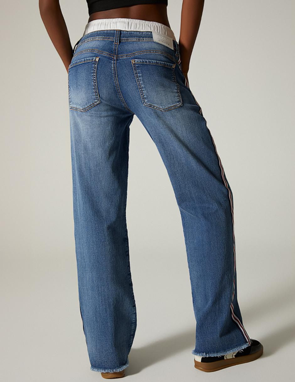 Jeans straight sporty striped denim para mujer