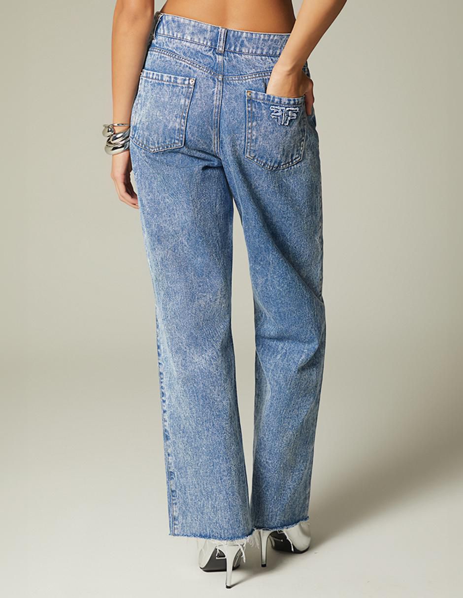 Jeans straight denim embroidery logo para mujer