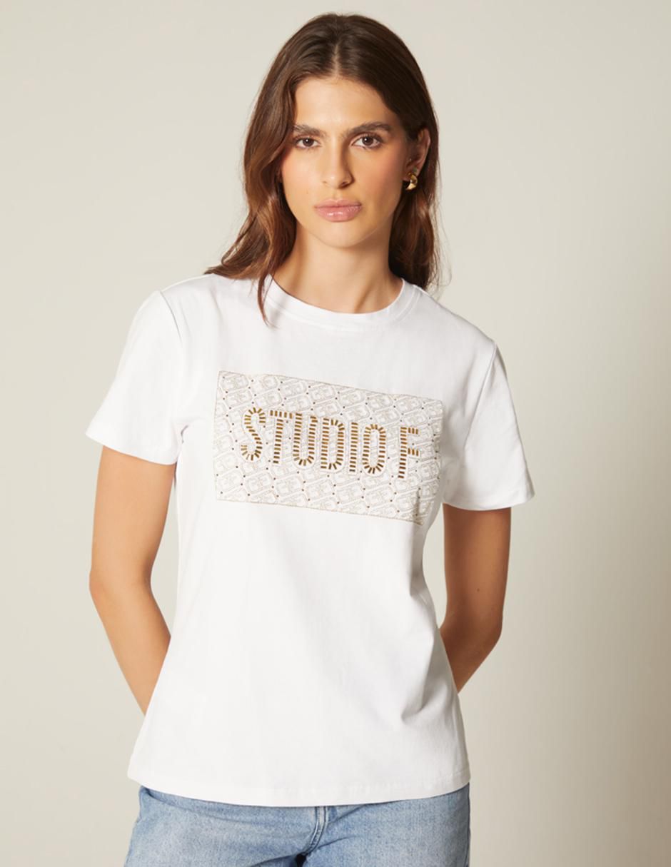 Playera manga corta Bordado Ff cuello redondo mujer