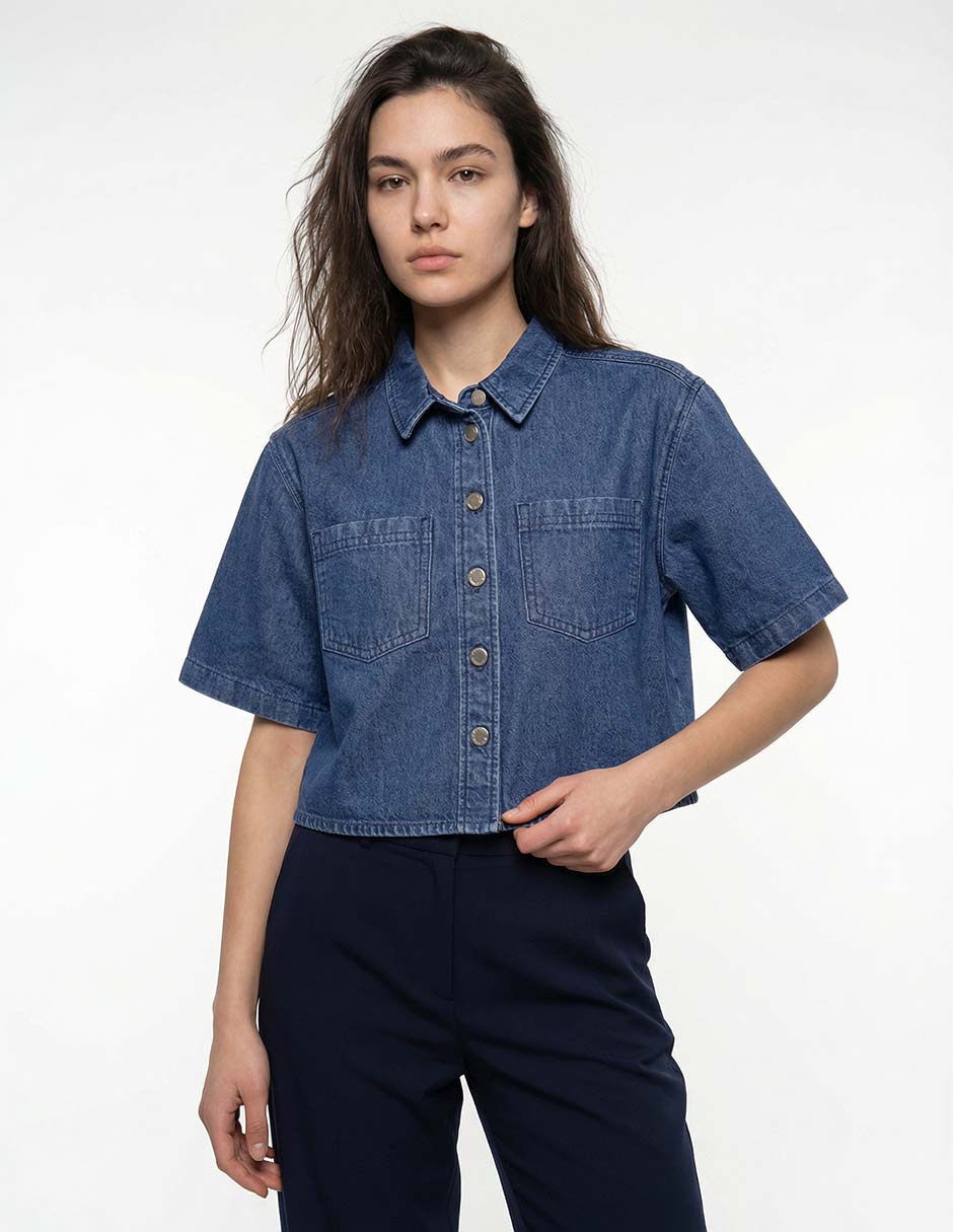 Camisa de mezclilla manga al codo para mujer Camisa de mezclilla manga al codo para mujer