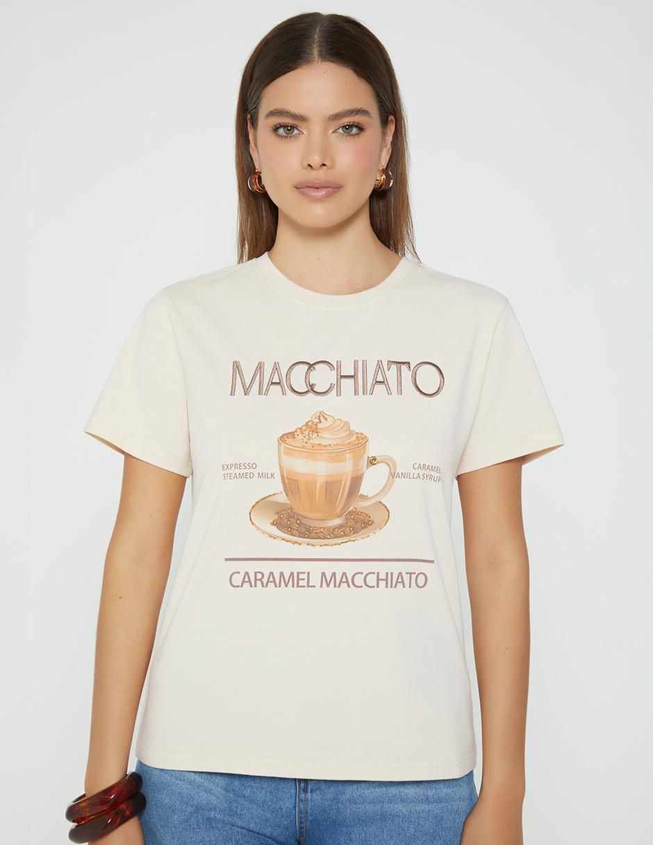 Playera manga corta Macchiato Coffee Mood cuello redondo mujer