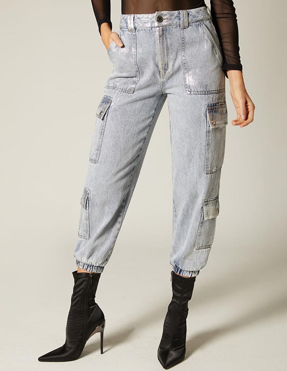 Jeans cargo bota santana metallic silver para mujer