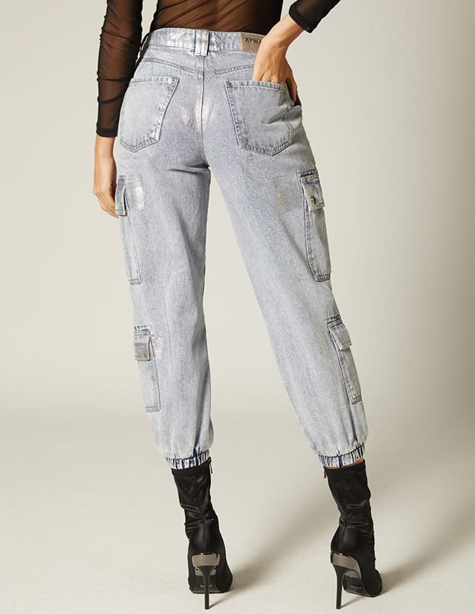 Jeans cargo bota santana metallic silver para mujer