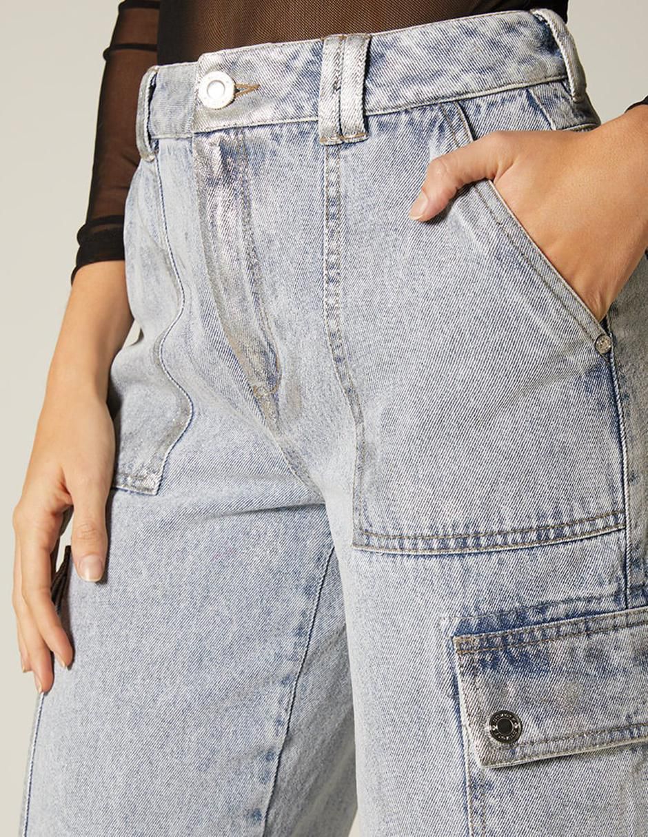 Jeans cargo bota santana metallic silver para mujer