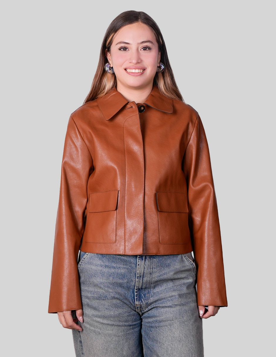 Chamarra casual impermeable de vinipiel para mujer Chamarra casual impermeable de vinipiel para mujer