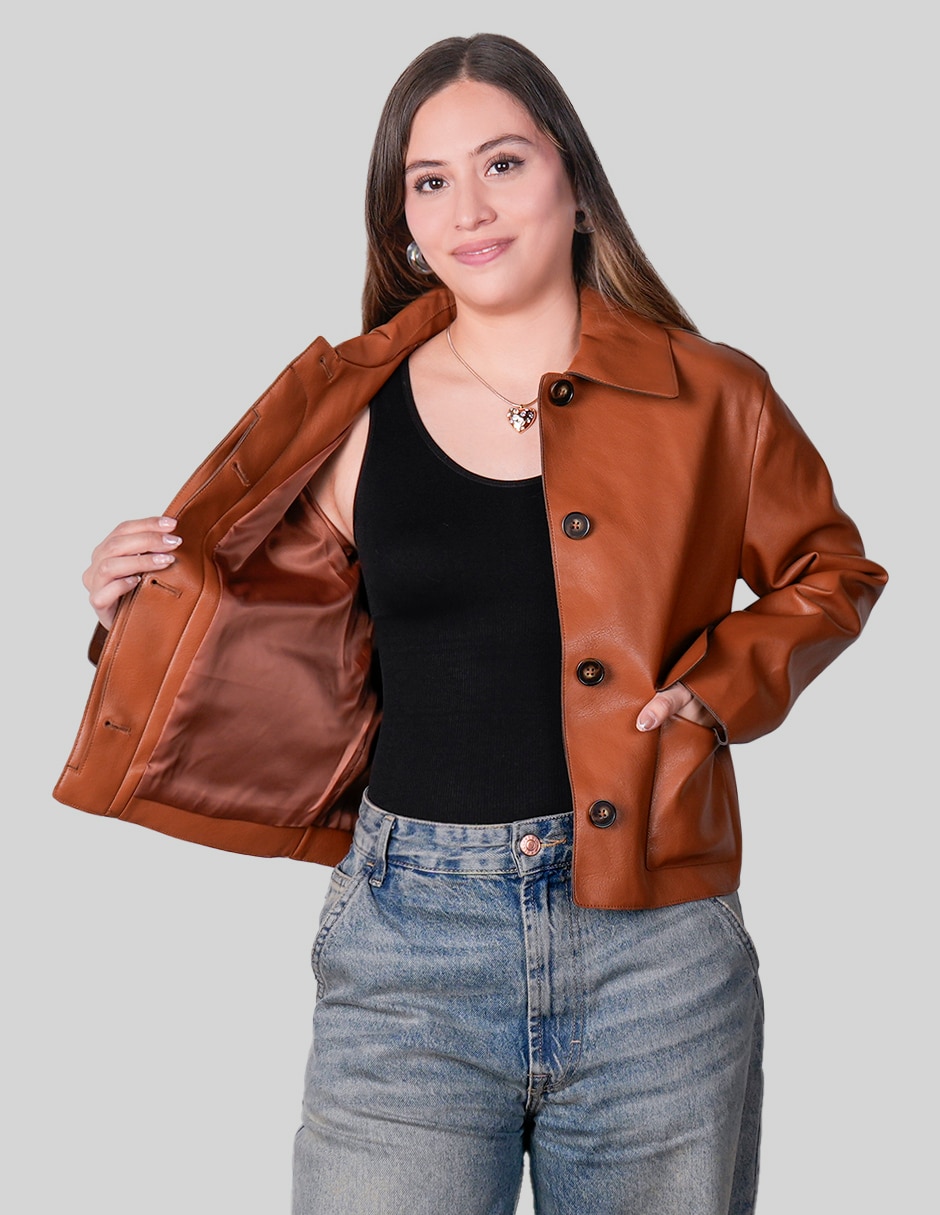 Chamarra casual impermeable de vinipiel para mujer 4