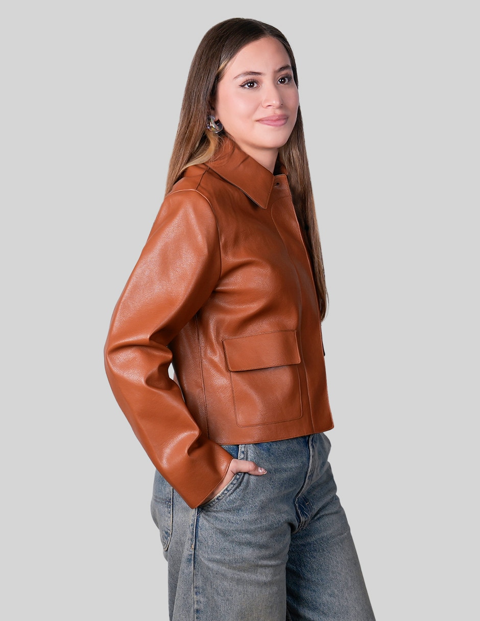Chamarra casual impermeable de vinipiel para mujer 5