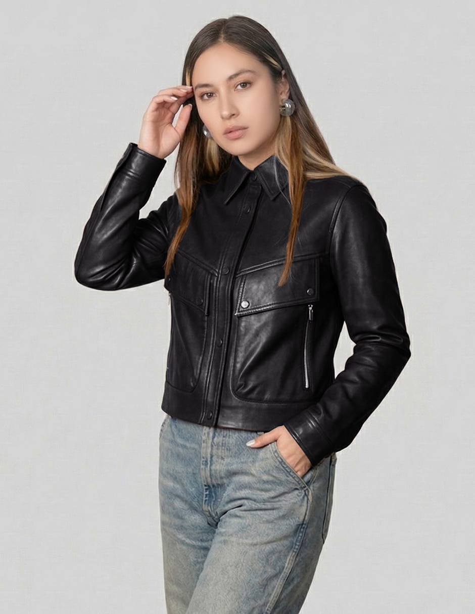 Chamarra casual map impermeable de vinipiel para mujer