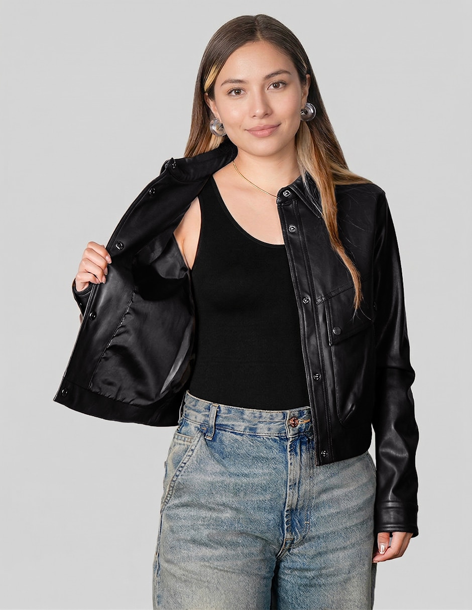 Chamarra casual map impermeable de vinipiel para mujer