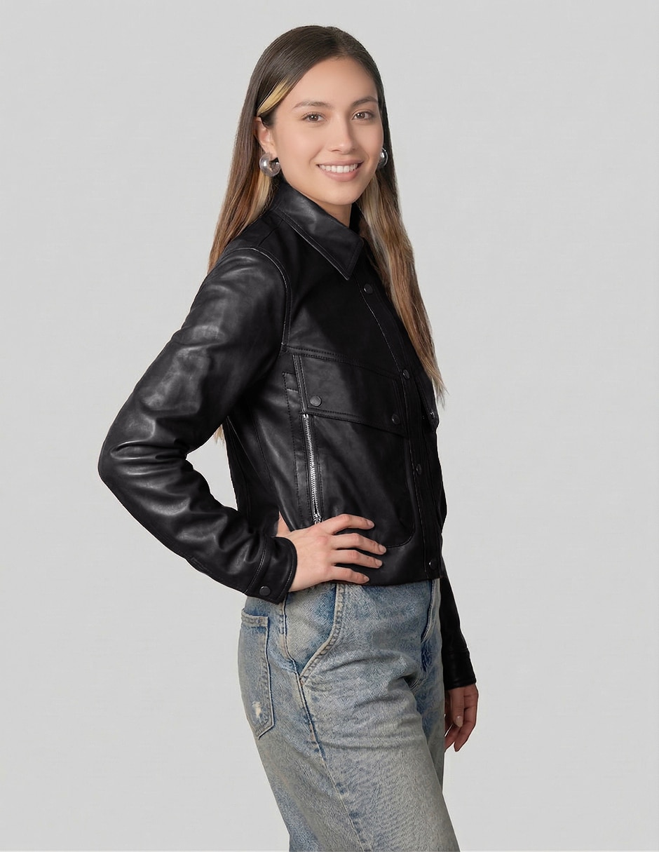 Chamarra casual map impermeable de vinipiel para mujer