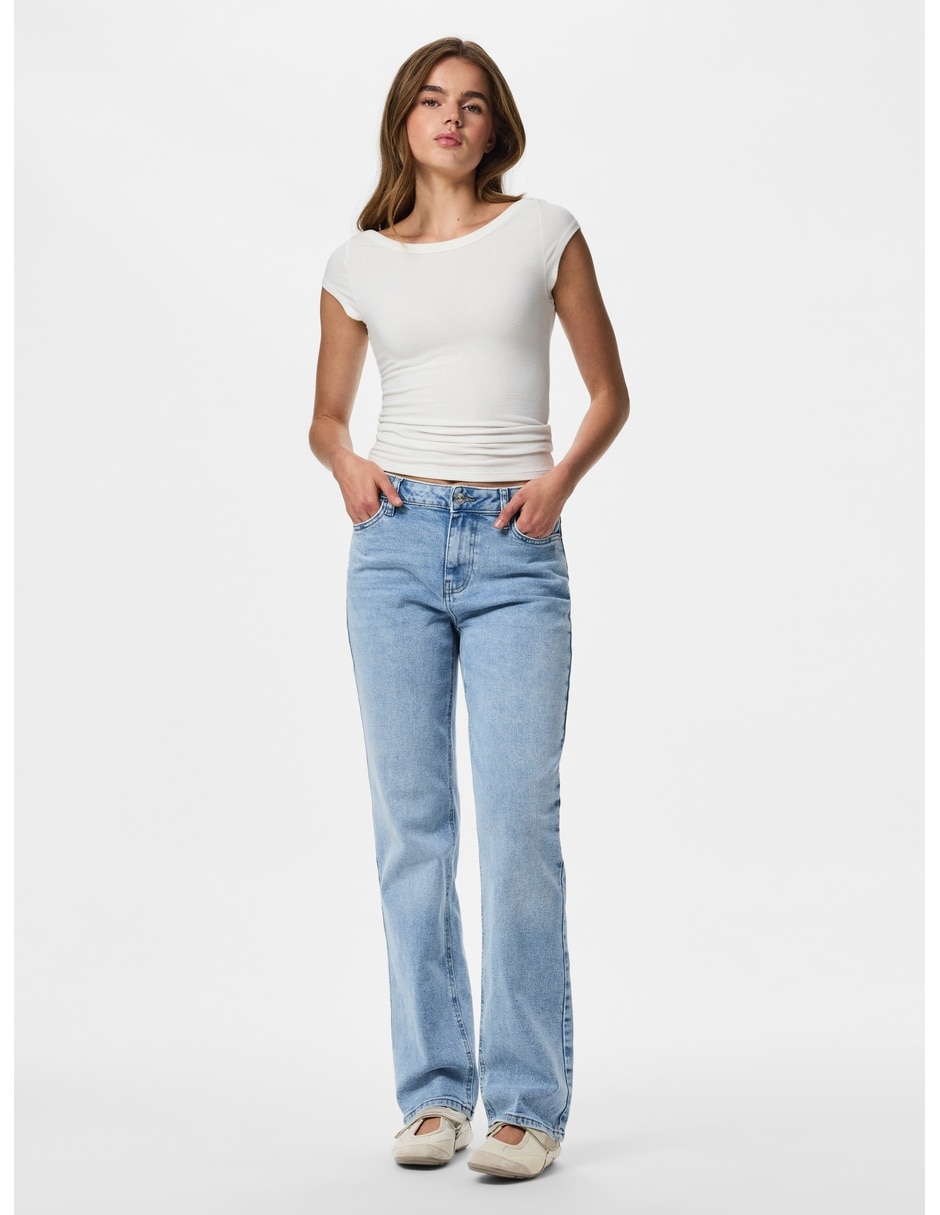 Jeans regular straight corte media cintura para mujer 3