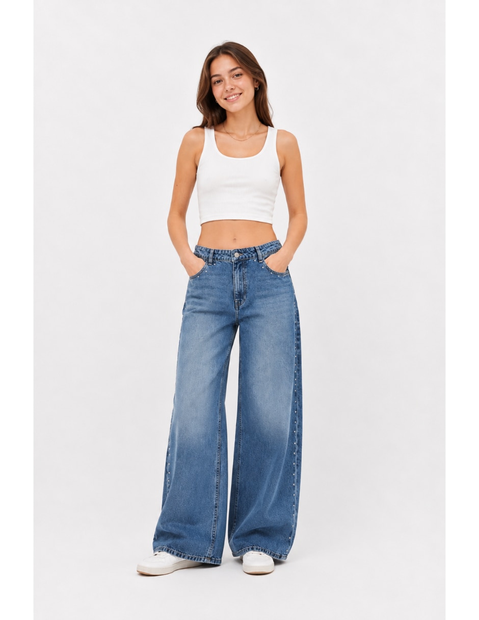 Jeans wide leg media cintura para mujer 3