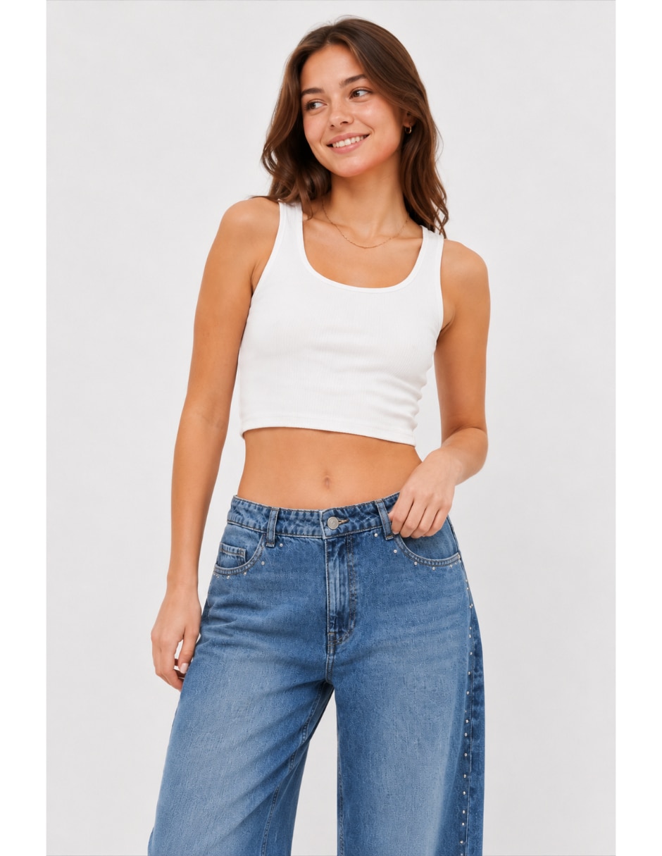 Jeans wide leg media cintura para mujer 2