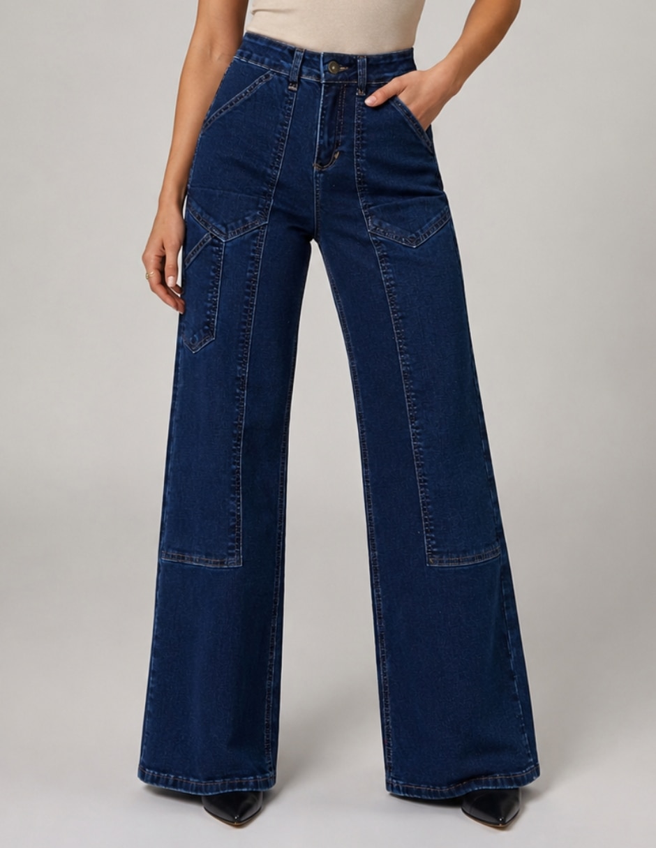 Jean Wide Leg cintura alta 25271-D bolsas parche para mujer