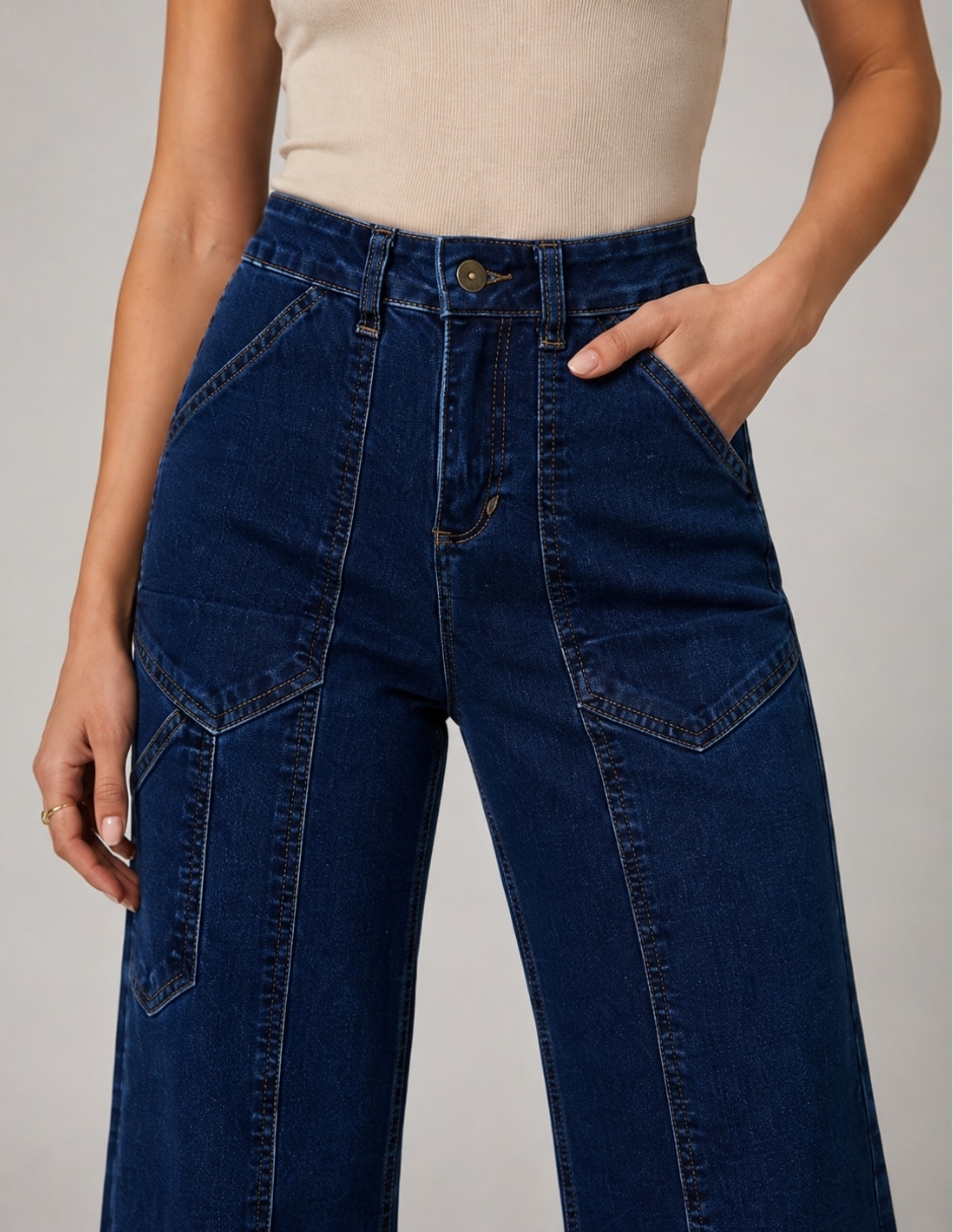 Jean Wide Leg cintura alta 25271-D bolsas parche para mujer
