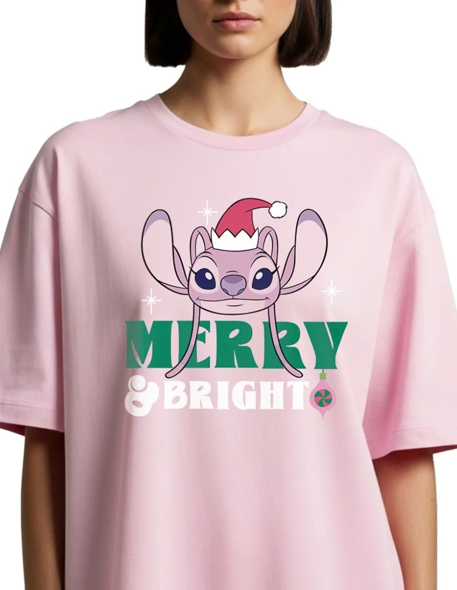Playera manga Playera Stitch Hombre Mujer Rosa Disney Original Merry & Bright Angel cuello Redondo para mujer 3