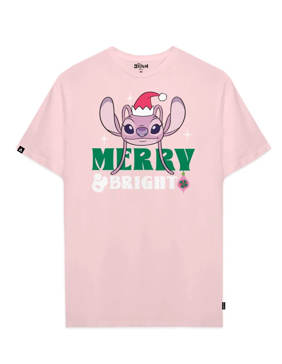 Playera manga Playera Stitch Hombre Mujer Rosa Disney Original Merry & Bright Angel cuello Redondo para mujer 4